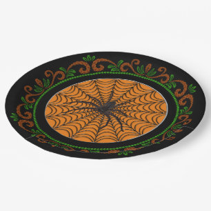 Prato De Papel Laranja Verde Aranha E Halloween Preto