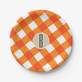 Prato De Papel Laranja Xadrez Branco Kraft Inicial Monograma Rúst