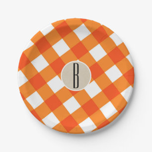 Prato De Papel Laranja Xadrez Branco Kraft Inicial Monograma Rúst