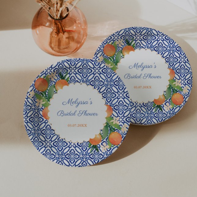 Prato De Papel Laranjas Azul e Branco Clássico Chá de Noiva Posit (Classic oranges with blue white tile print for positano portofino bridal shower)