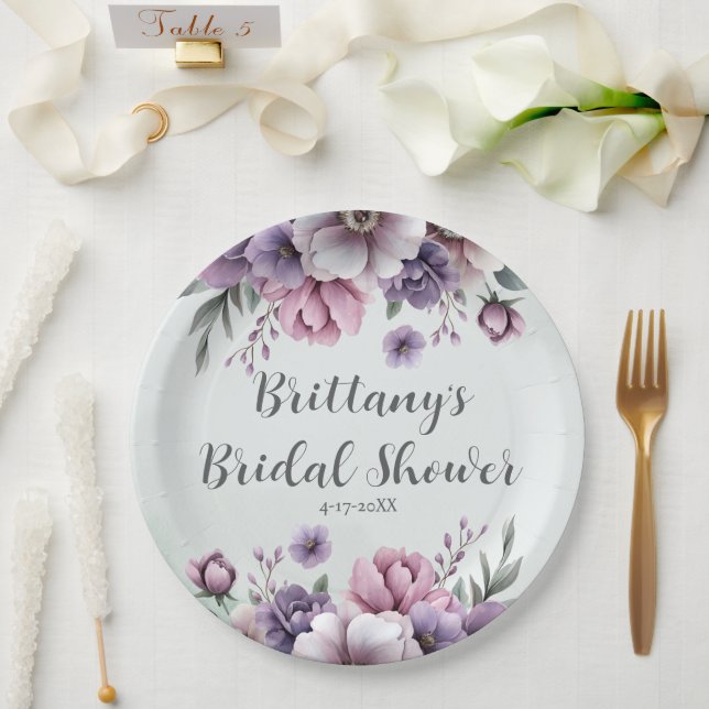 Prato De Papel Lavanda do chá de panela e Floral Verde (Casamento)