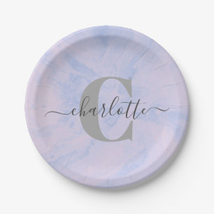 Prato De Papel Lavanda Lilac Marble Elegante Monograma Nome
