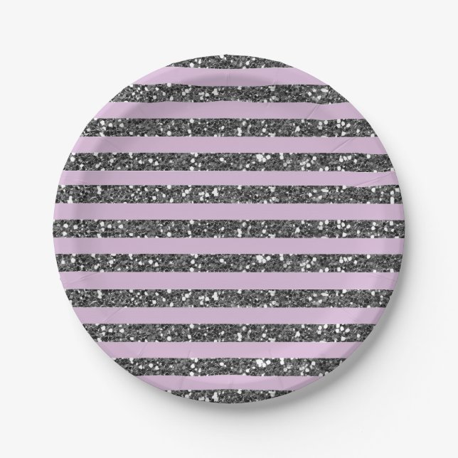 Prato De Papel Lavanda Lilac Purple Silver Glitter Striter Party (Frente)