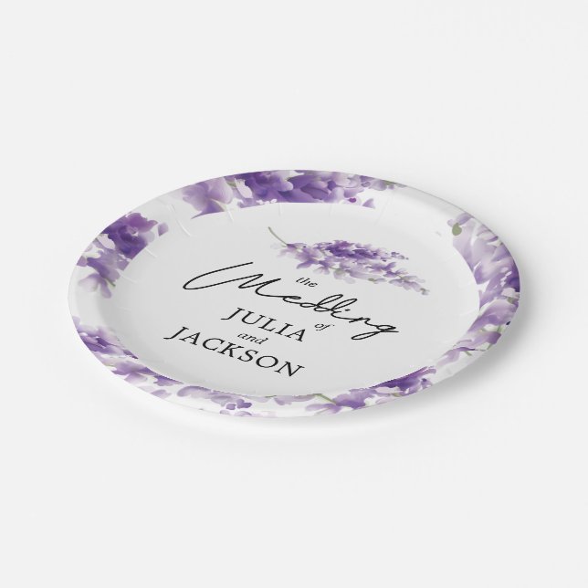 Prato De Papel Lavanda Watercolor Wedding Elegante Personalizado (Inclinado)