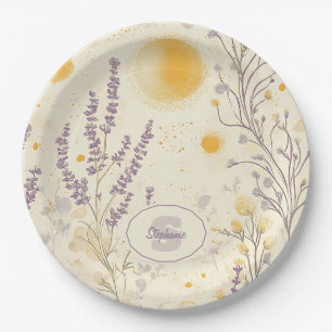 Prato De Papel Lavanda Whimsical e Padrão Floral Amarelo