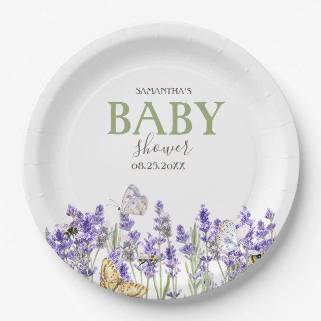 Prato De Papel Lavander Borboletas Botânico Chá de Bebê   (Frente)