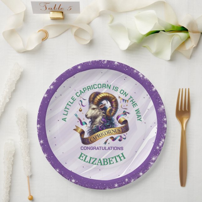 Prato De Papel Lavender and Green Capricorn Zodiac Baby Shower (Casamento)