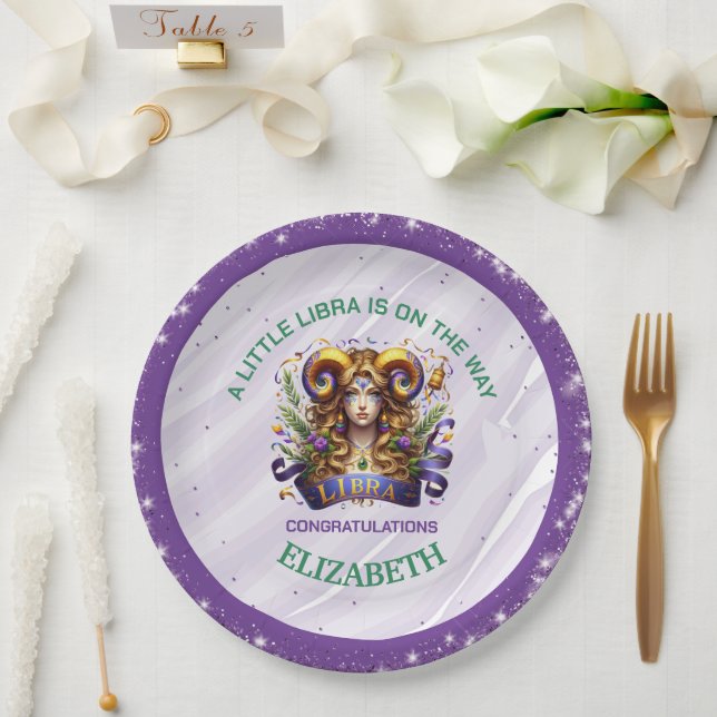 Prato De Papel Lavender and Green Libra Zodiac Baby Shower (Casamento)