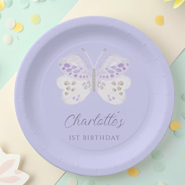 Prato De Papel Lavender Watercolor Butterfly 1st Birthday Party (Criador carregado)
