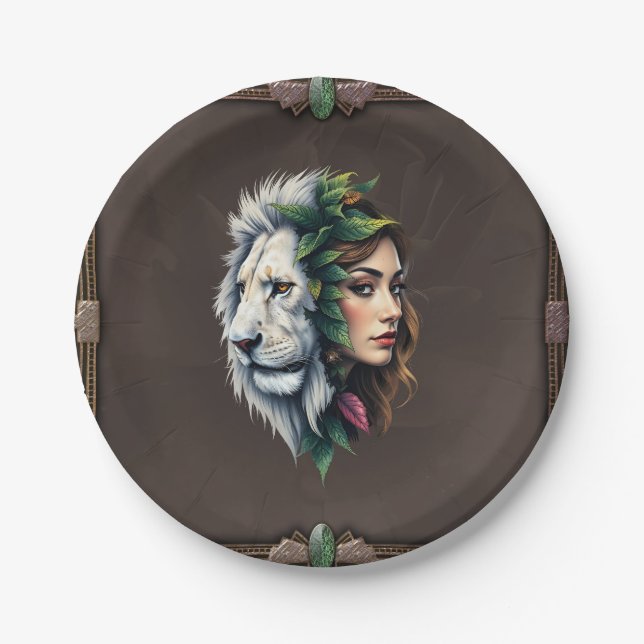 Prato De Papel Leão Branco e Mulher (Frente)