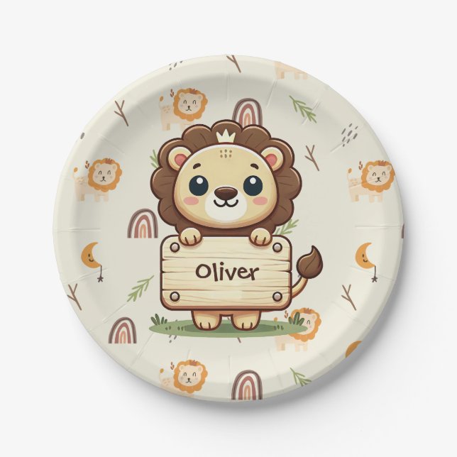 Prato De Papel Leãozinho Fofo com Placa de Nome (Frente)
