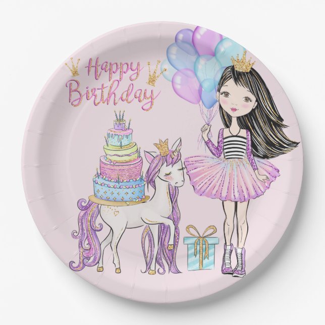 Prato De Papel Legal garota e Unicorn Princesa Moderna Aniversári (Frente)