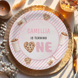 Prato De Papel Leite e cookies cor-de-rosa Primeira Festa de aniv