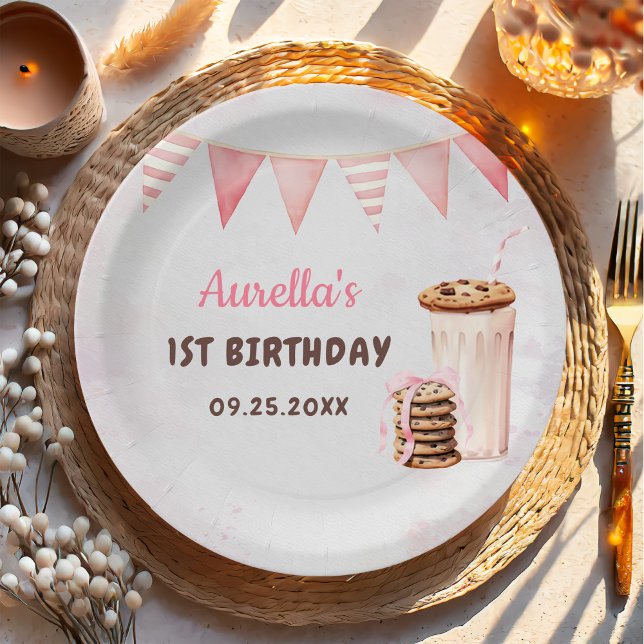 Prato De Papel Leite e Cookies Garota Primeira Festa de aniversár (Criador carregado)