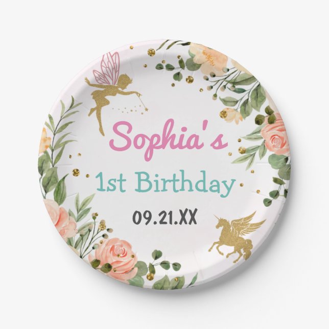 Prato De Papel Leite E primeiro aniversario Floral Dourado De Lei (Frente)