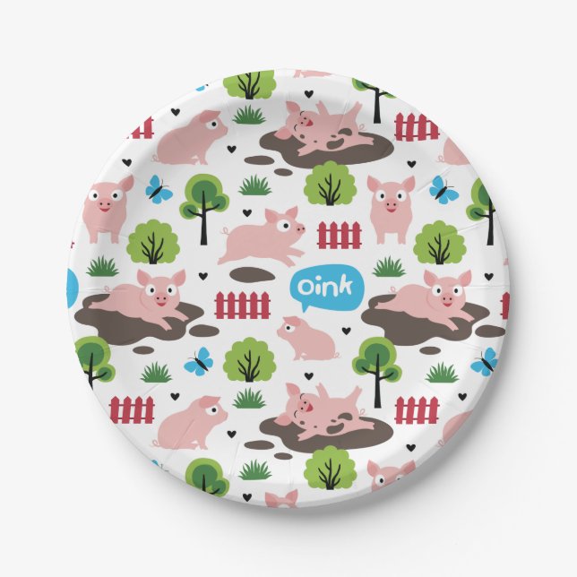 Prato De Papel Leitões Felizes Na Placa De Papel Lama (Frente)