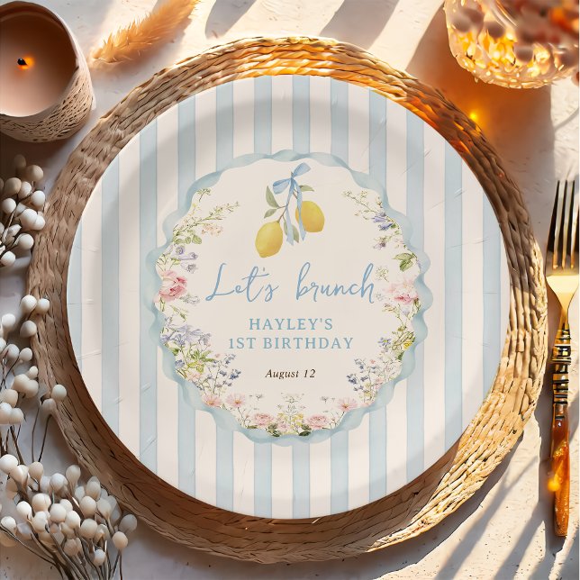 Prato De Papel Lemon Floral Blue Bows Paper Plate (Criador carregado)