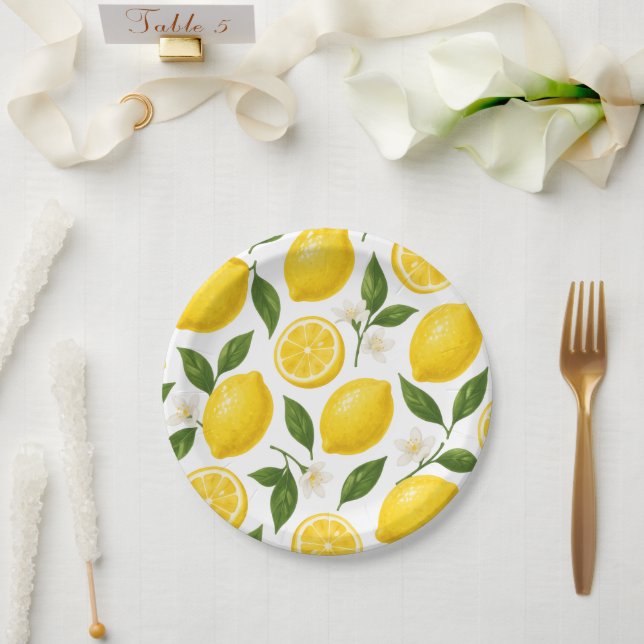Prato De Papel Lemon Pattern Design | Fresh Citrus Summer Print  (Casamento)