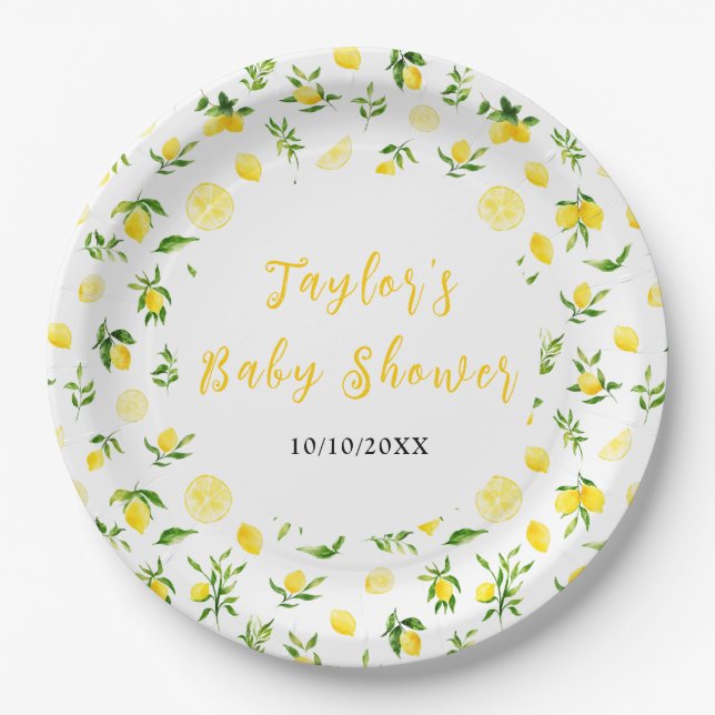 Prato De Papel Lemons and Foliage Baby Shower (Frente)
