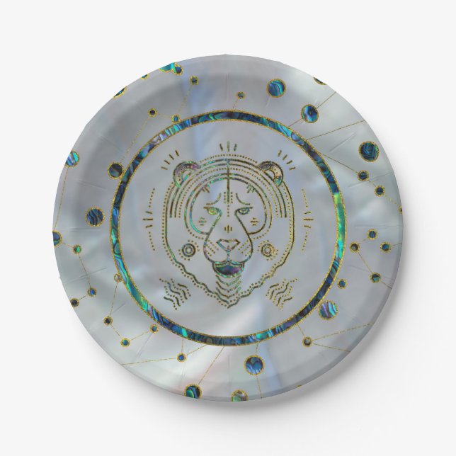 Prato De Papel Leo Zodiac Dourado Abalone na constelação (Frente)