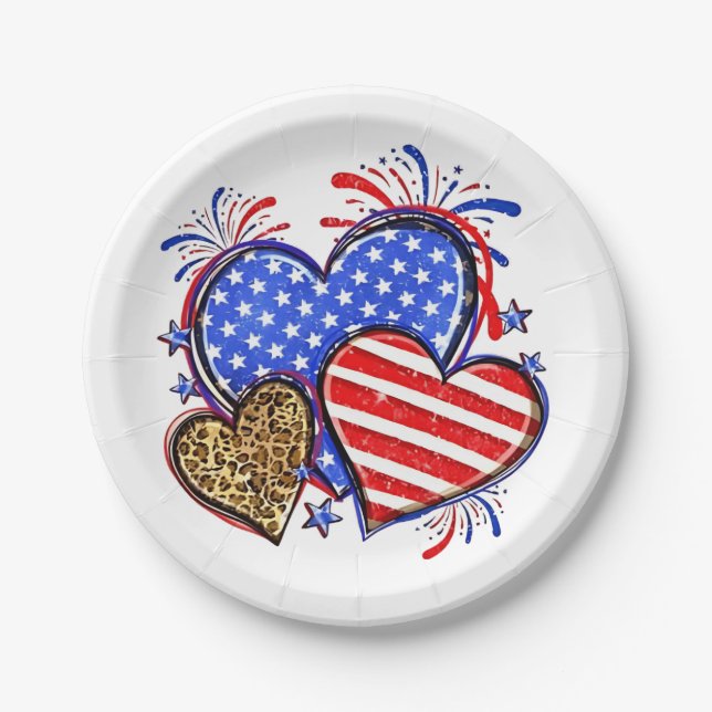 Prato De Papel Leopard American Flag Heart 4 de julho dos EUA (Frente)
