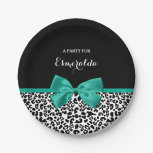 Prato De Papel Leopard Imprima Emerald Green Ribbon Arco Nome