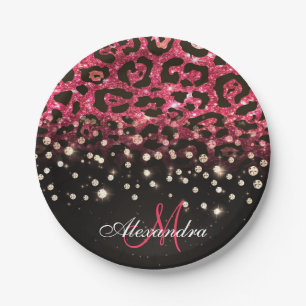 Prato De Papel Leopardo cor-de-rosa, impressão e diamantes