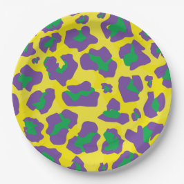Prato De Papel Leopardo em roxo, verde e amarelo
