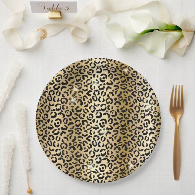 Prato De Papel Leopardo negro brilhante Dourado (Casamento)