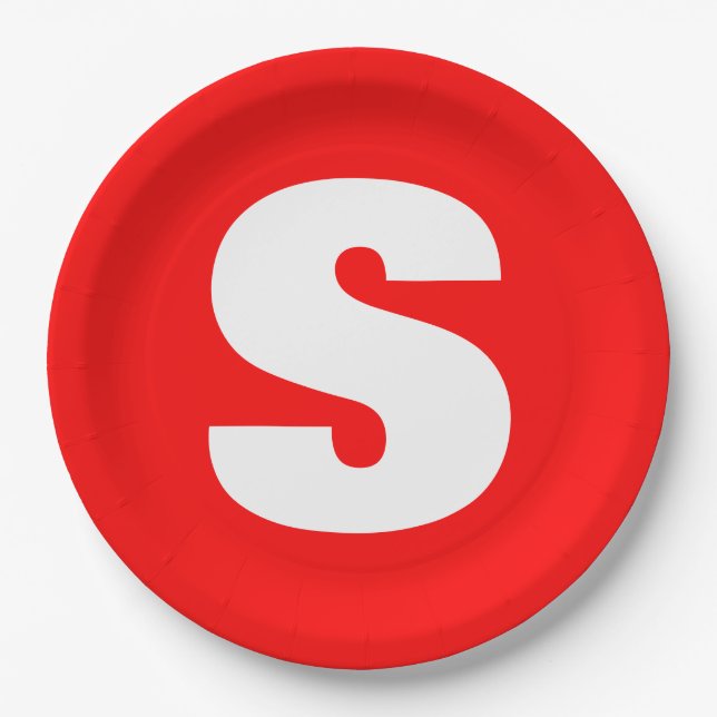 Prato De Papel Letra inicial Monograma Estilo moderno Branco verm (Frente)