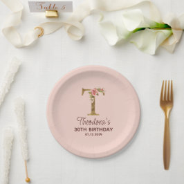 Prato De Papel Letra T Monograma Dourado Rosas Rosa Beijo