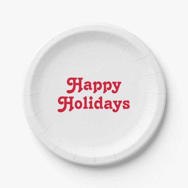 Prato De Papel Letras vermelhas "Felizes Feriados", branco (Frente)