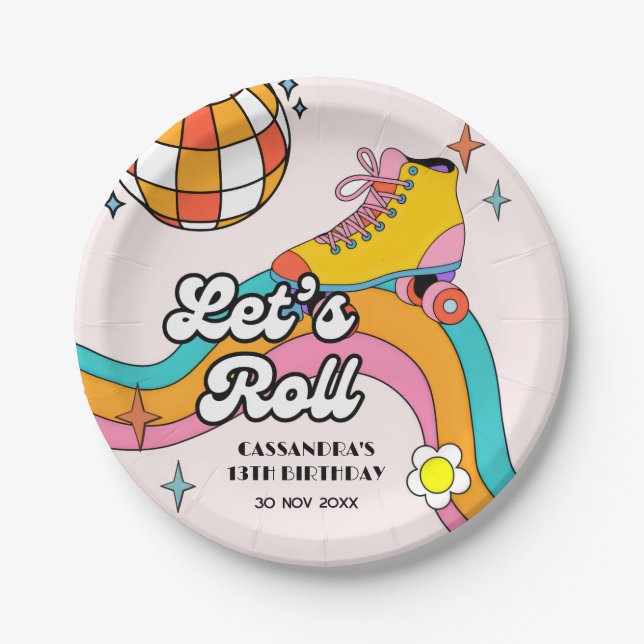 Prato De Papel Let's Roll Retro Roller Skating Girl Birthday  (Frente)