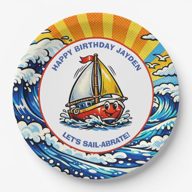 Prato De Papel Let's Sail-abrate | Sailboat Themed Boy's Birthday (Frente)