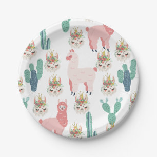 Prato De Papel Lhamas Rosa Fofo e Cactus Verde