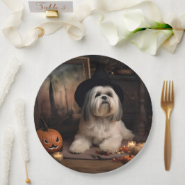 Prato De Papel Lhasa Apso Abóboras Dia das Bruxas Assustador