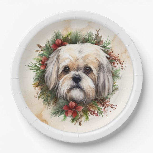 Prato De Papel Lhasa Apso Grinalda de Natal Cachorrinho Festivo (Frente)