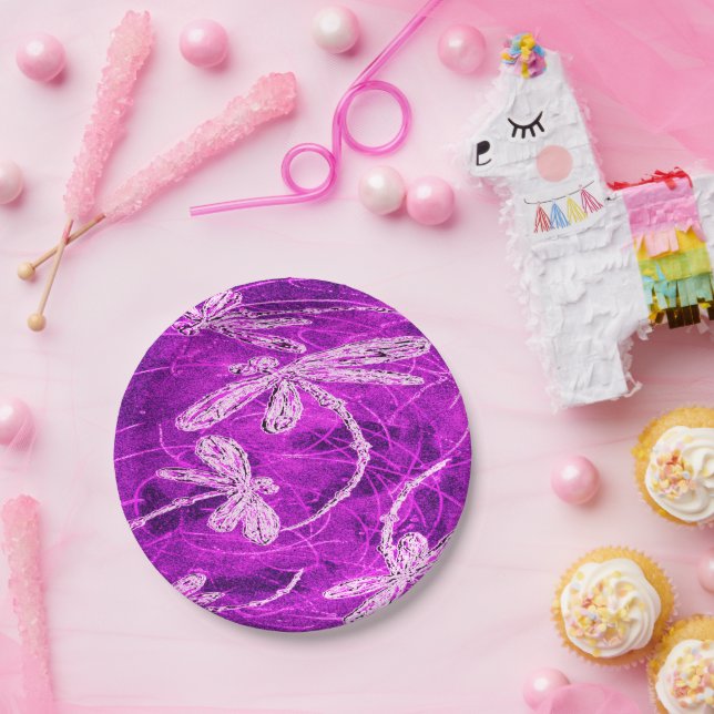 Prato De Papel Libélulas Prateadas em um Céu Magenta Mágico (Festa)