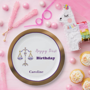Prato De Papel Libra 1º Aniversário Dourado e Roxo Artístico