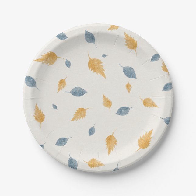 Prato De Papel Light Pastel Blue and Brown Autumn Leaves Pattern (Frente)