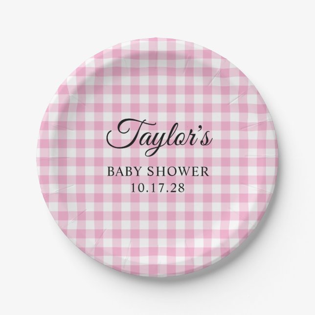 Prato De Papel Light Pink Gingham Plaid Baby Shower (Frente)