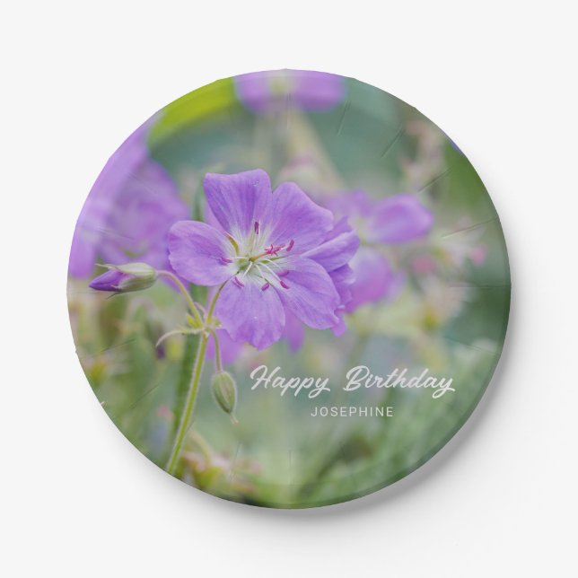 Prato De Papel Lilac Geranium Wildflower Photo Happy Birthday (Frente)