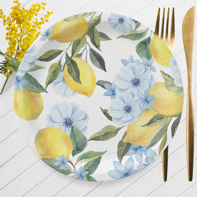 Prato De Papel Limão e Flor de Aquarela Branca (Watercolor Lemon & Blue Flower Paper Plates for Main Squeeze Bridal Shower or Little Lemon Baby)