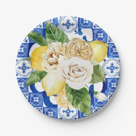 Prato De Papel Limão mediterrânico de Verão e impressão de flores