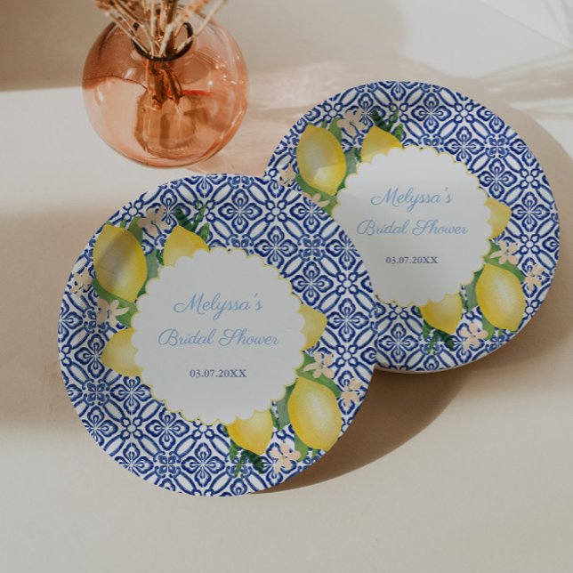 Prato De Papel Limões de Amalfi Azulejos Brancos Azul Casamento (Amalfi Lemon Blue Tile Bridal Shower Party Paper Plates)