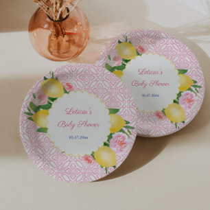 Prato De Papel Limões De Amalfi Com Azulejos E Flores Cor-de-Rosa