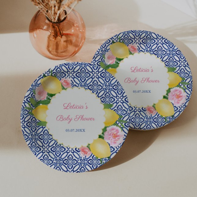 Prato De Papel Limões De Positano Com Azulejos Azuis E Florestas  (Positano lemons with pink flowers and blue white tile print baby girl shower party paper plates)