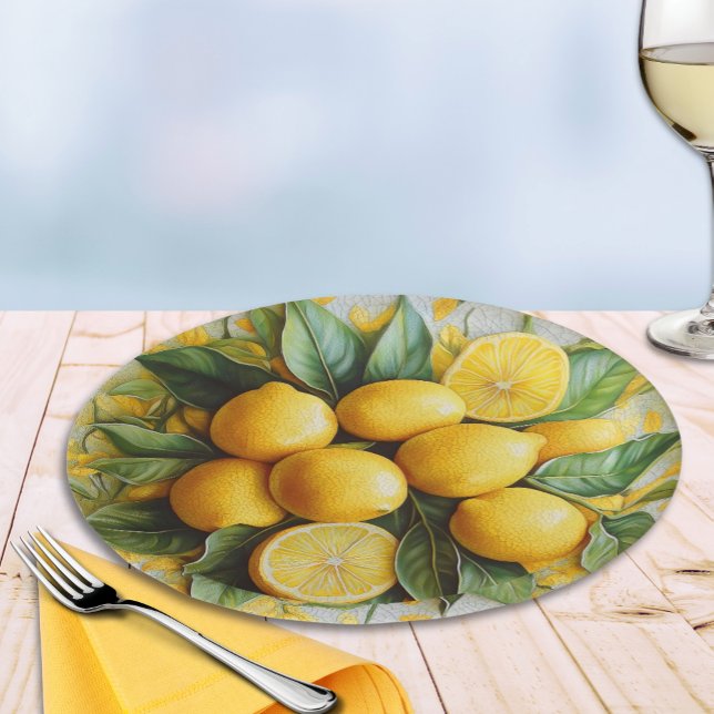 Prato De Papel Limões Sicilianos 3D Falsos (Faux 3D "Ceramic Style" Sicilian Lemons and Leaves Paper Plate for Italian Parties)