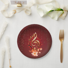 Prato De Papel Limpa ouro com folhas vermelhas.