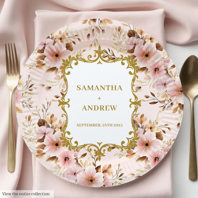 Prato De Papel Linda Blush Dourado Papéis de Casamento (Lovely Blush Gold Wedding Paper Plates)